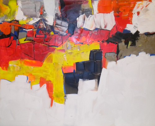 Broad red and yellow patches with small architectural shapes