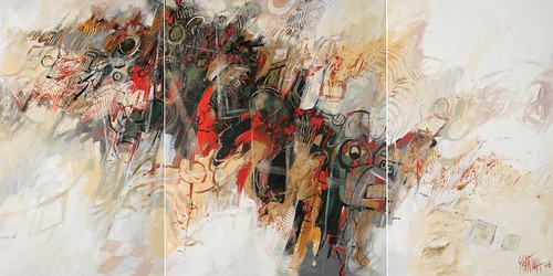 Three-part abstract composition in cream, grey and red