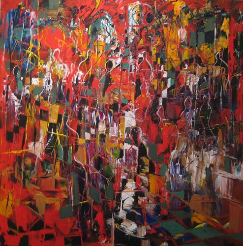 Dense angular figures in warm red and orange