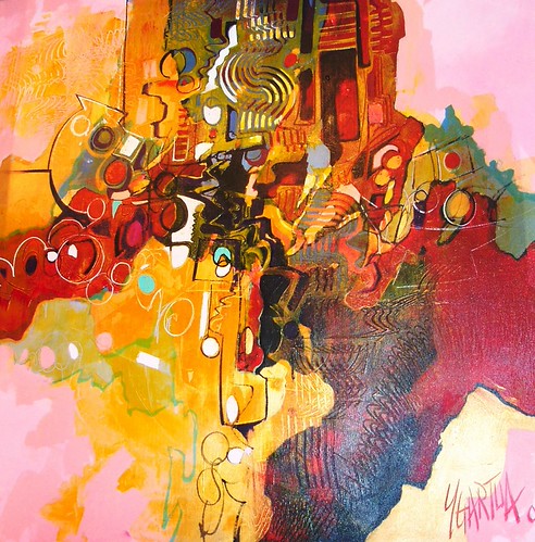 Rounded red and gold forms against pink