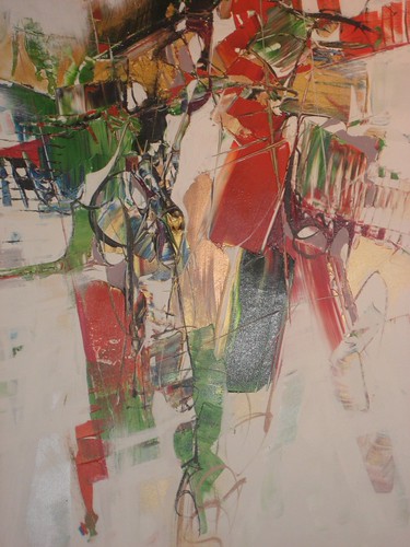 Green and red outlined forms on pale cream