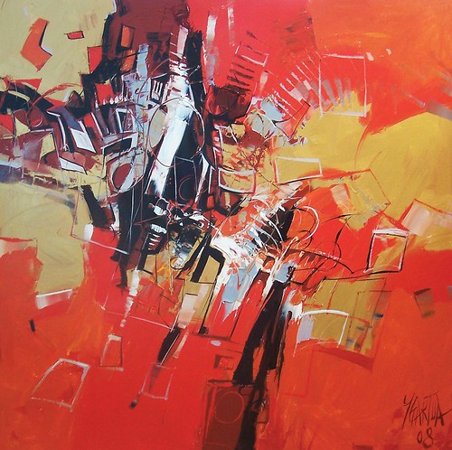 Dense white and red marks over bright orange