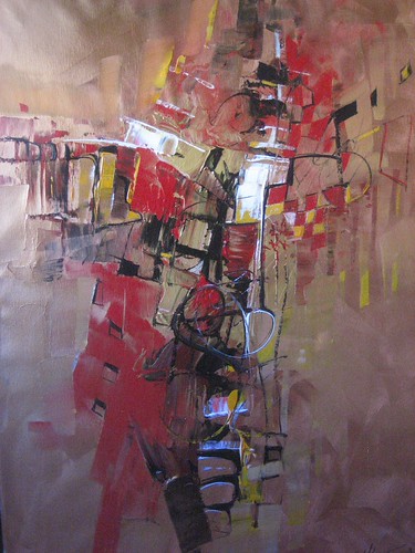 Vertical red and black geometry over muted grey