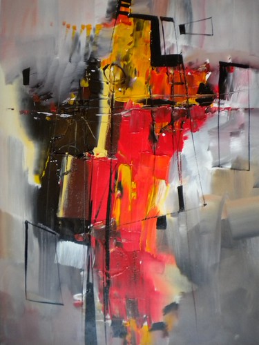 Vertical red and yellow blocks fading into grey