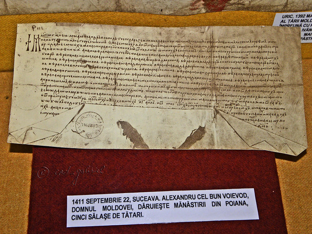 September 22nd 1411 donation of Prince Alexander I of Moldavia to a convent, exhibited in Târgovişte History Museum.