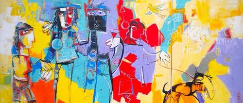 Wide group of angular figures in bright colours