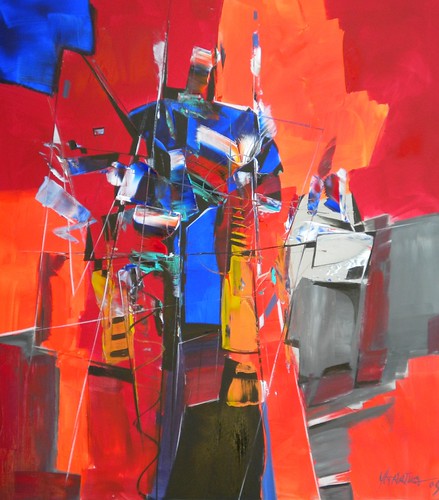 Angular red, white and blue forms on orange