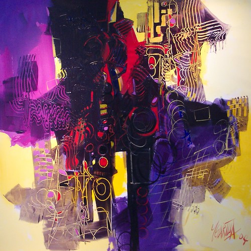 Dark linear forms amid purple and golden patches