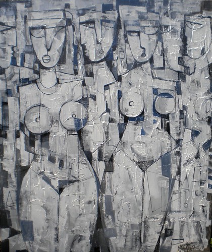 Rows of angular figures in black and white