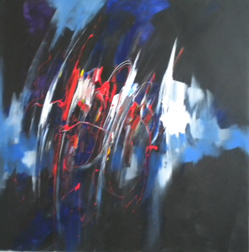 White and red diagonal marks against dark blue