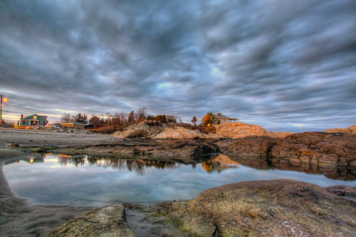 sunset reflection rock clouds hdr scituate