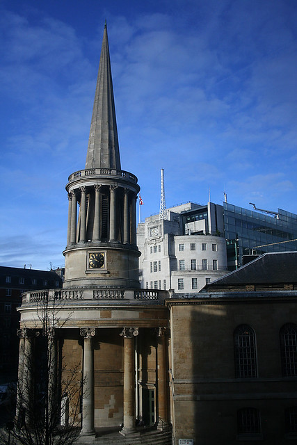 All Souls church and BBC Broadcasting House from Henry Wood House
