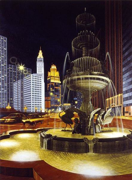 Chicago 4, Wacker Drive Night Fountain #2, acrylon canvas, 48x36 inch, Takeshi Yamada