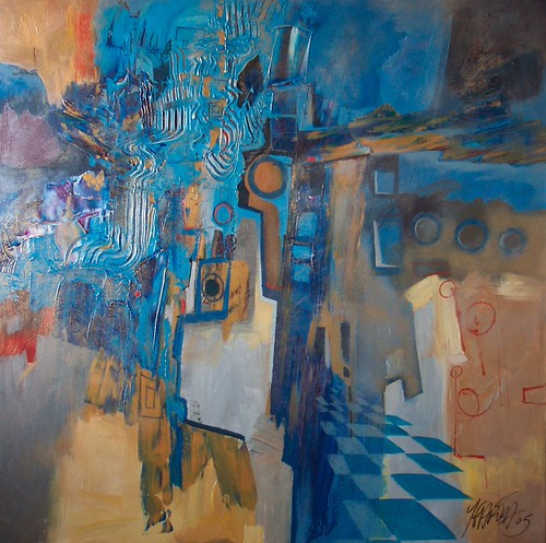 Blue and ochre forms with dark linear outlines
