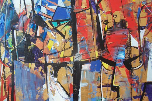 Angular outlined figures in blue, red and orange