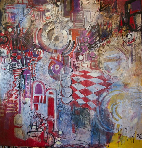 Industrial-like forms with a red chequered board