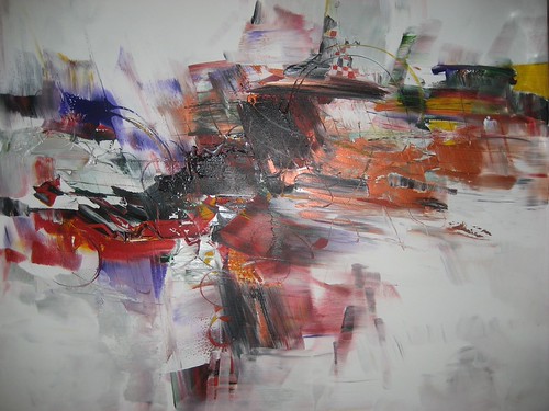 Horizontal layered strokes in red, grey and white