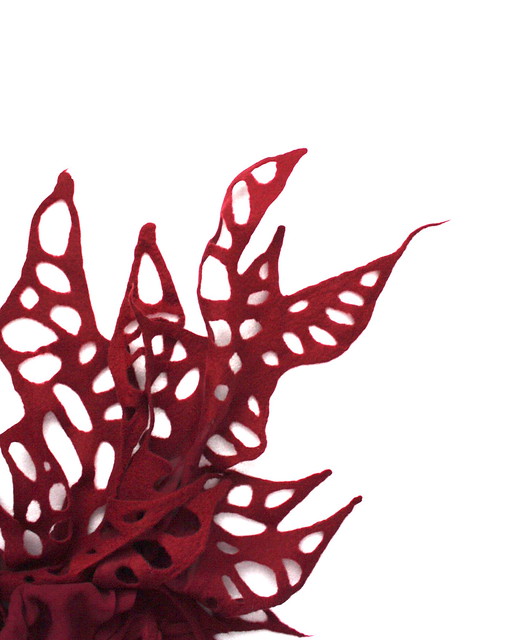 Nuno felted shawl wrap scarf Burgundy red wine wool silk lacy leaf floral