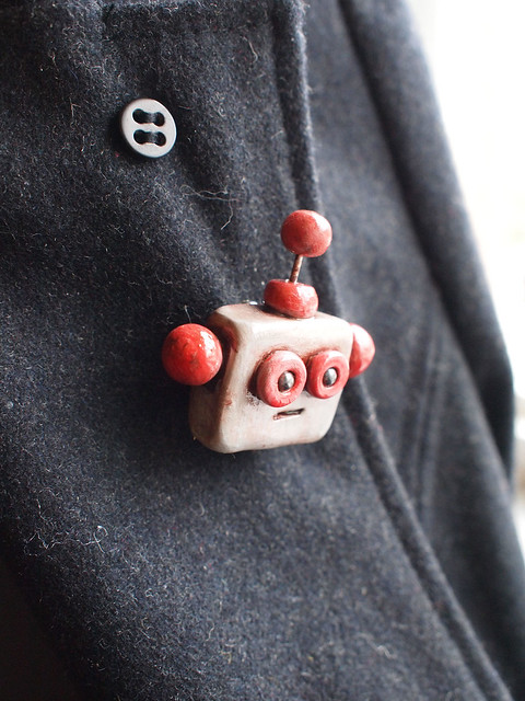 Robot Head Brooch Rustic Red and Silver