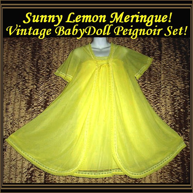 Vintage Peignoir Nightgown Set Fun Lemon Chiffon Nylon!