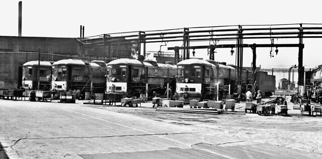 Southern Pacific Taylor Roundhouse is seen with cab-forward 4-8+8-2 articulated steam locomotives in Los, Angeles, California, late 40's or early 50's