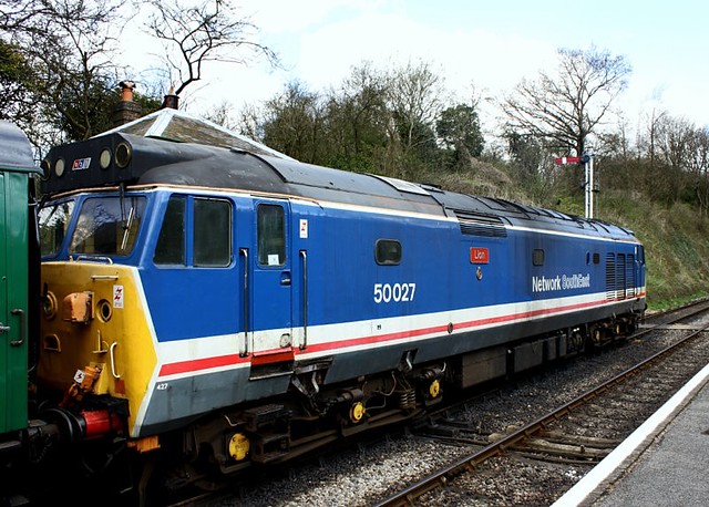 English Electric Class 50 named Lion in Network southeast Livery stands at Medstead during the Mid Hants Diesel Gala.
