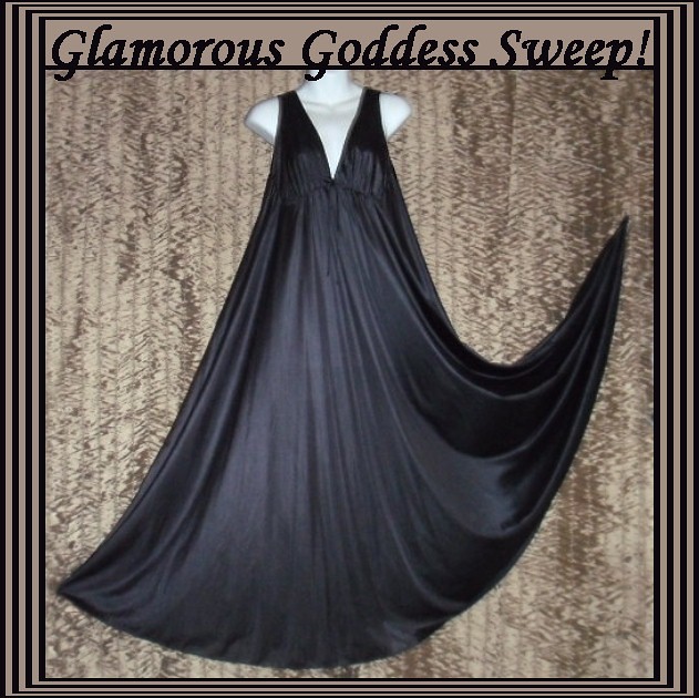 Vintage Nightgown Elegant Black Nylon Huge Sweep! Fits Sz L-XL