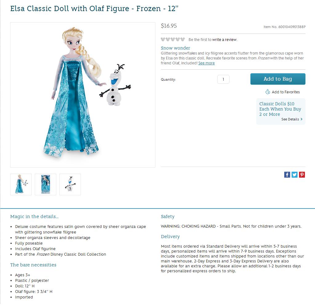 Disney Classic 12" Doll 2016 Elsa With Olaf Figure for sale online 