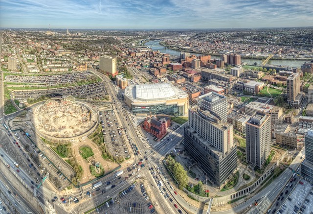 Panoramic view of the deconstruction of the Civic Arena from the 58th Floor of the Steel Building HDR