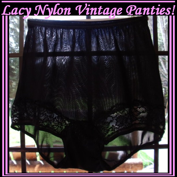 Nylon Vintage Panties Black Lacy High Waist Panty Brief by Western Maid! Size 8, 42