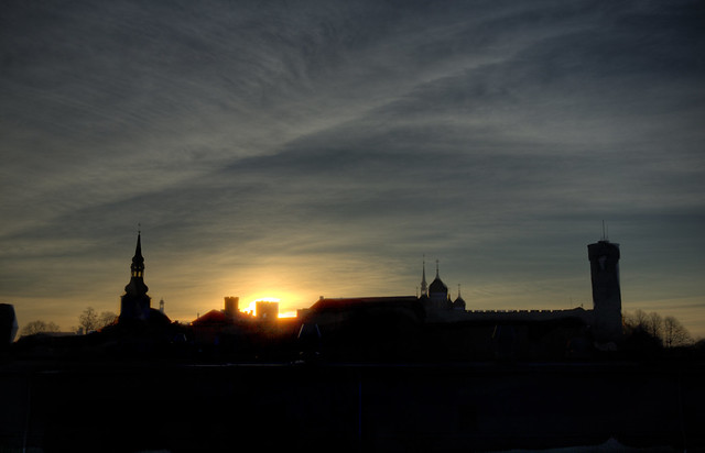 Skyline of the old city of Tallinn, Estonia at dawn