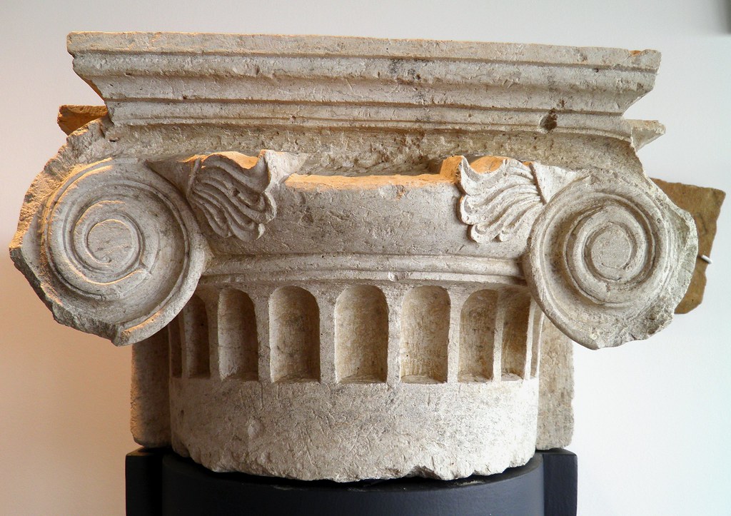 Ionic pilaster capital from the palace complex of Pella which occupied the entire extant of the hill dominating the ancient city, Archaeological Museum, Pella