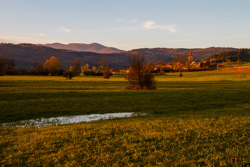 Morning by Karmen Smolnikar, Planina field, Sloveniamorning church field puddle spring village slovenia planina slovenijapostojna