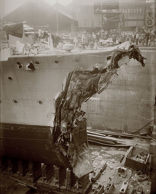 HMS Broke in dry dock after the Battle of Jutland