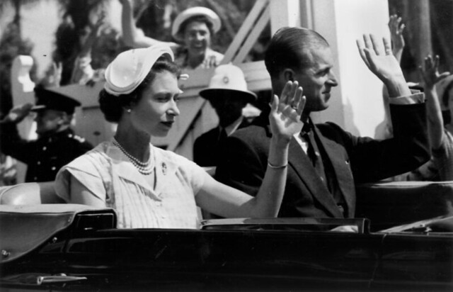Queen Elizabeth II and Prince Philip en route to Eagle Farm Airport, Brisbane1954