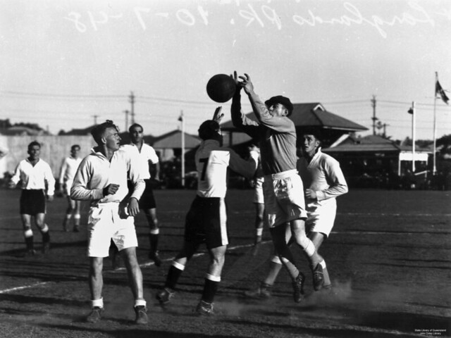 Soccer game at Langlands Park, Wooloongabba, Brisbane, 1948