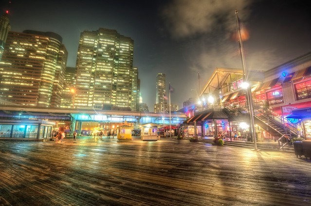 South Street Seaport at night in HDR