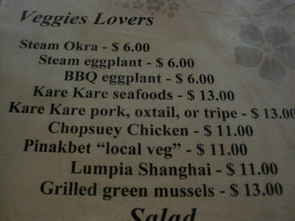 Veggie Lover's menu