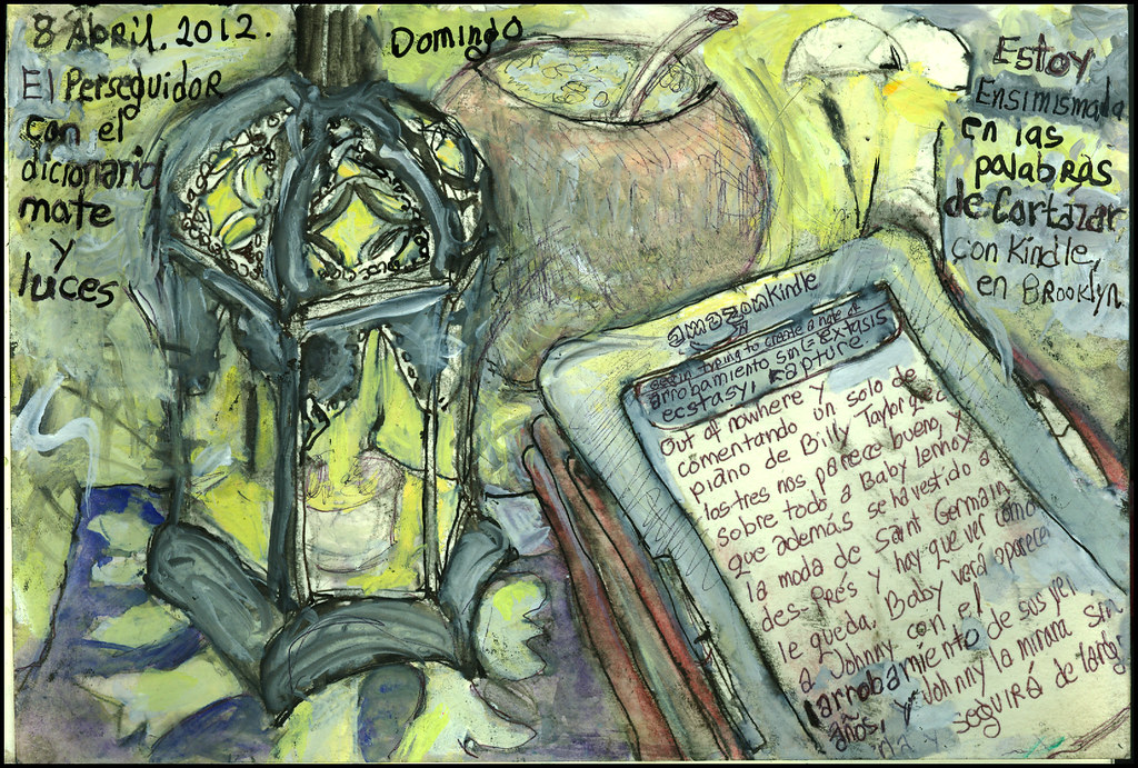 Estoy ensimismada en las palabras de Cortázar, con Kindle, en Brooklyn. 8 abril, 2012. Domingo. (Lost in the words of Cortázar, with Kindle, in Brooklyn.