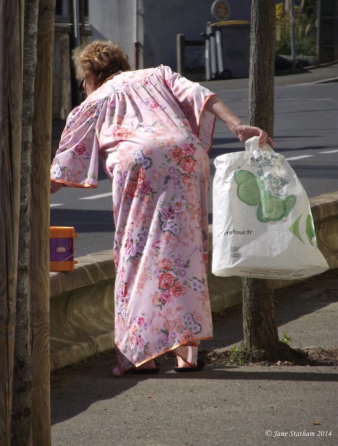 Out in her dressing gown.