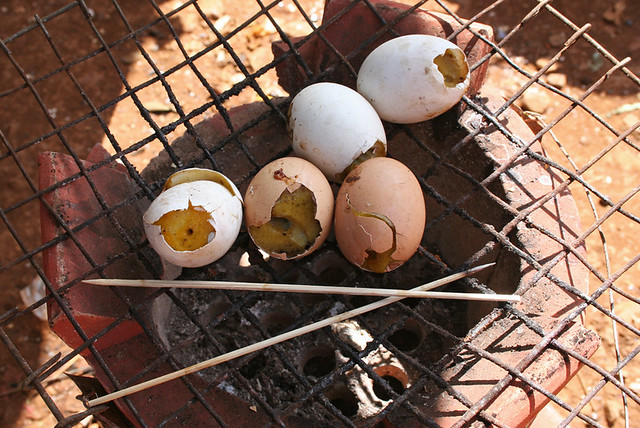 Eggs on the grill in Cambodia.