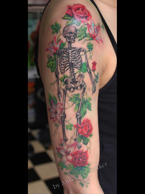 skeleton with flowers tattoo by MIrek vel Stotker