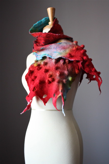 Nuno Felted scarf Wool Silk handdyed painted nunofelting Red / blue shibori