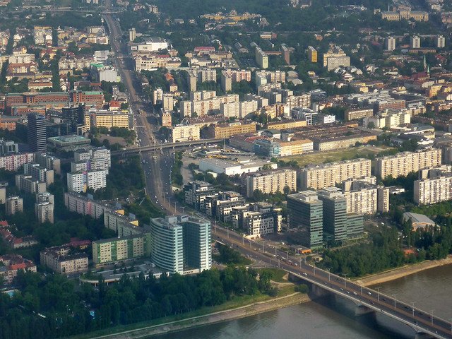 Budapest - The Arpad bridge and theHungaria boulevard from above