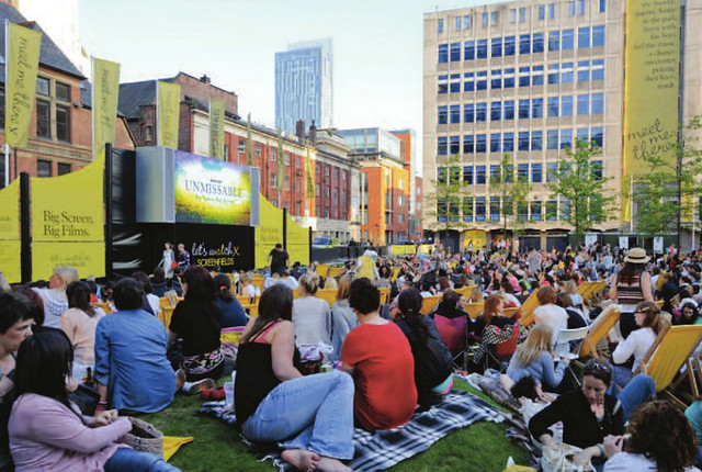 Screenfield outdoor cinema screen in Spinningfields, Manchester