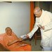 The then Prime Minister, P.V Narasimha Rao meeting Rev. Swami Ranganathanandaji. Rev. Maharaj giving him Ramakrishna-Vivekananda literature. Centenary Celebrations at Ramakrishna Mission, New Delhi.