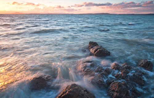 sunset sea newzealand seascape beach landscape rocks waves dusk auckland maraetai