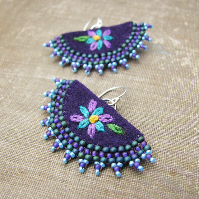 Purple Flower Earrings, Fan Shaped, Embroidery, Beaded Edging, Sterling Silver