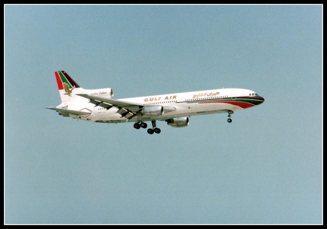 Gulf Air Tristar A40-TX on finals for runway 16 at Doha airport -- 1980's