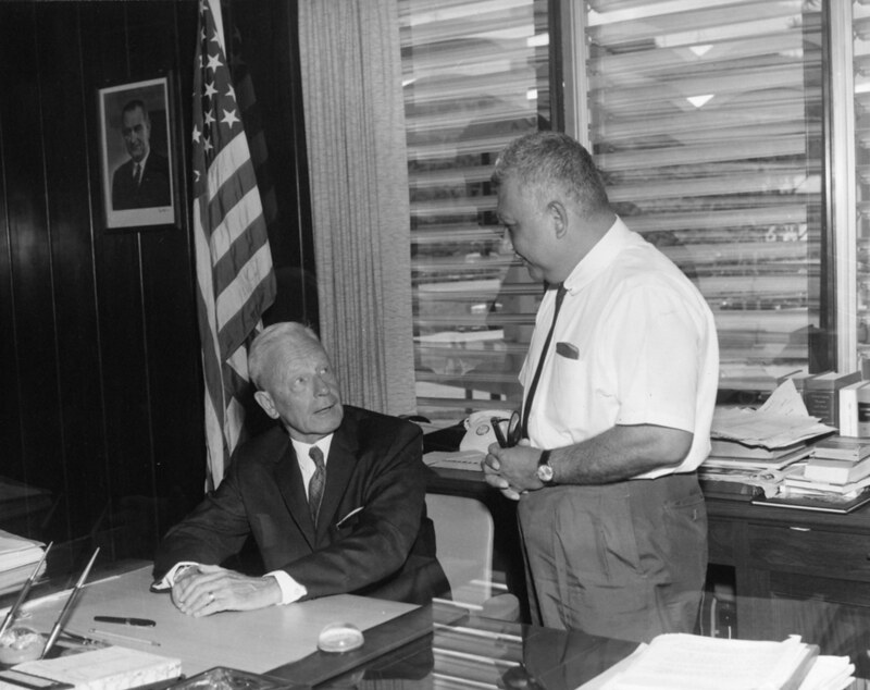 Former Guam Governor Ford Elvidge with the current governor at the time, Manuel Guerrero, who served from 1963 – 1969. Guam Police official photograph, courtesy of the Micronesian Area Research Center (MARC).
